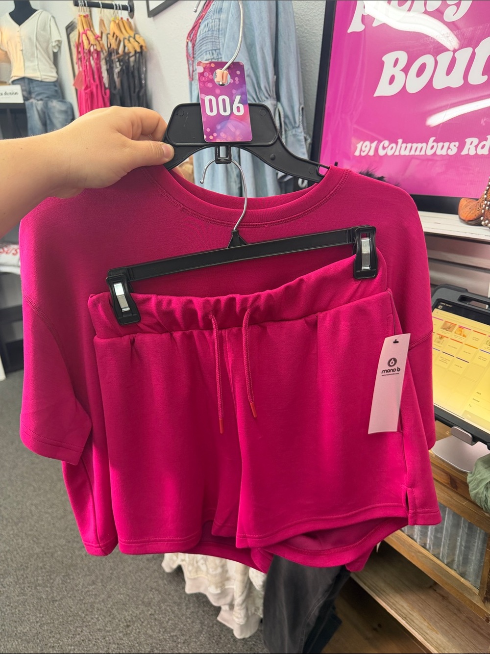 Mono B Hot Pink Short Sleeve Sweatshirt and Drawstring Shorts Set